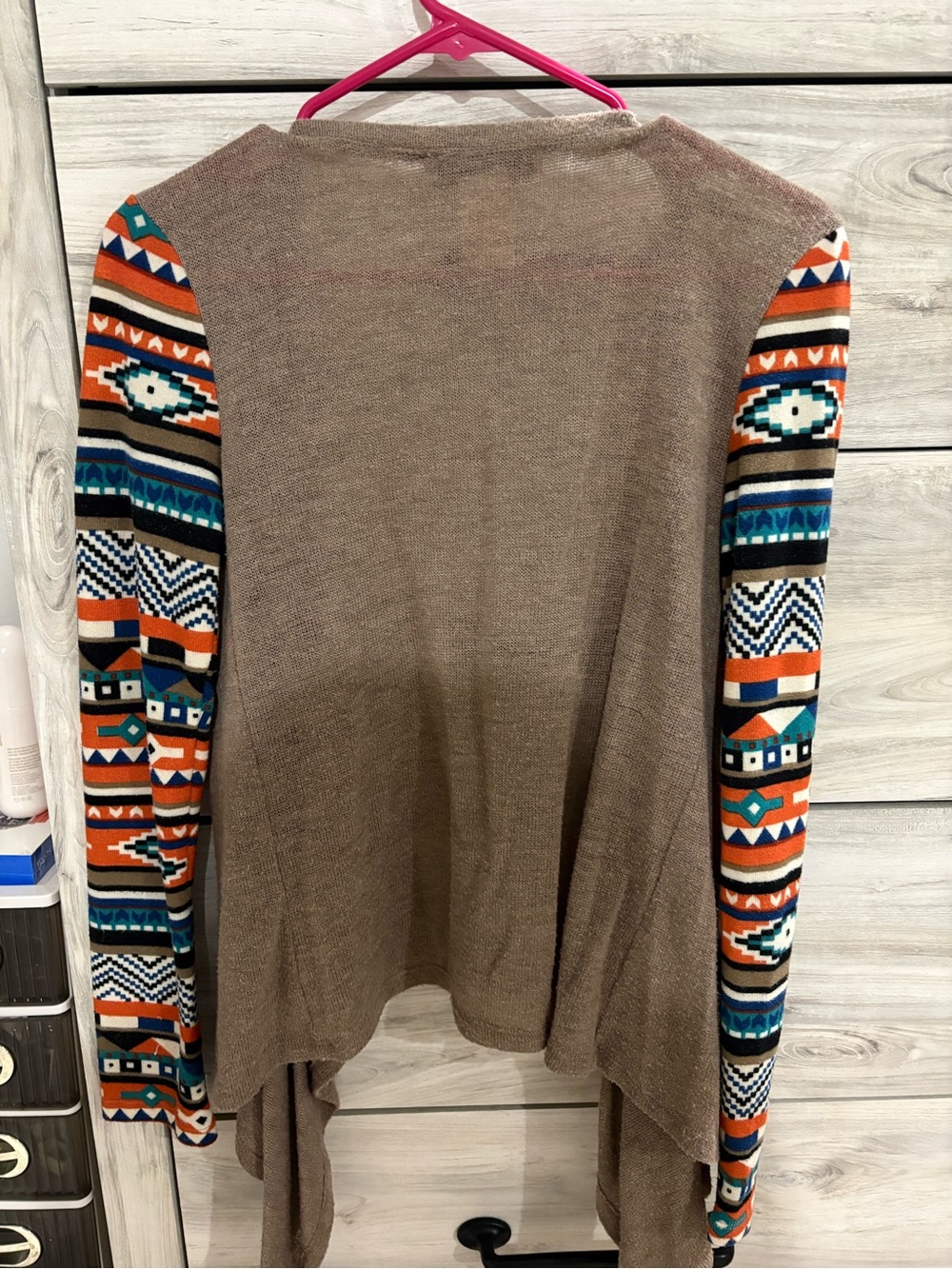 Flying Tomato Brown Open-Front Cardigan with Colorful Aztec Sleeves